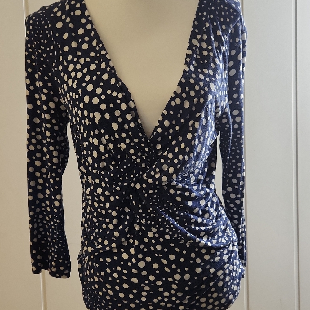 Cable & Gauge Y2K Navy and White Polka Dot Smocked Front Long Sleeve Top